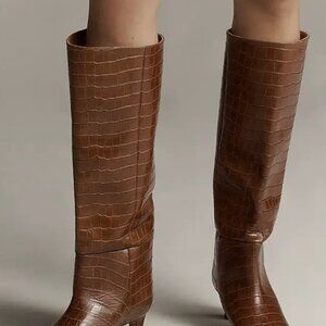 Anthropologie Brown Croc-Embossed Knee Boots kitten heal